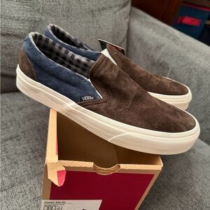 VANS Classic Slip On Pig Suede Plaid Brown Navy Sneakers Mens 8 Womens 9.5 NEW